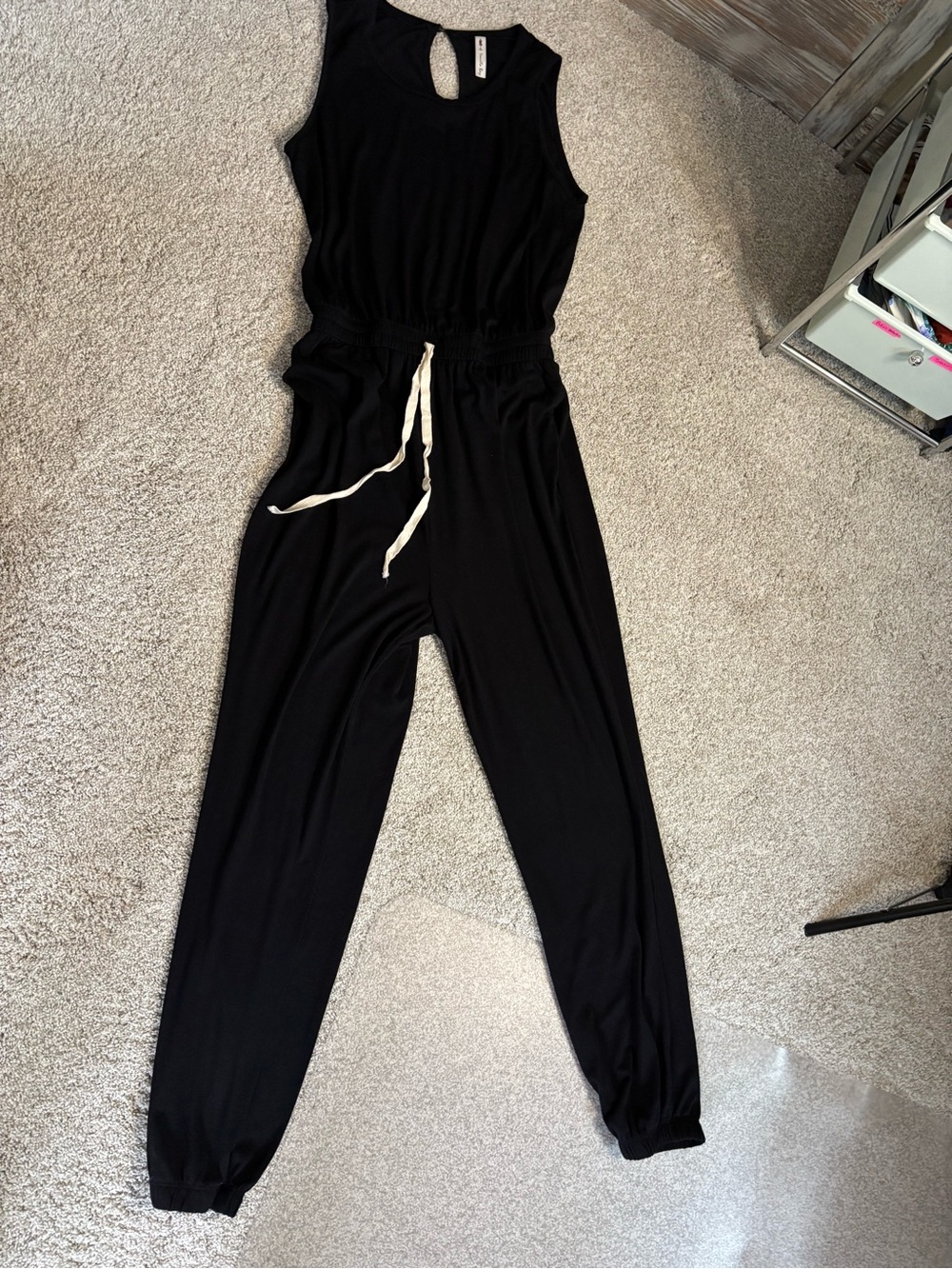 Vanilla Bay Women's black sleeveless jumpsuit with drawstring waist romper L